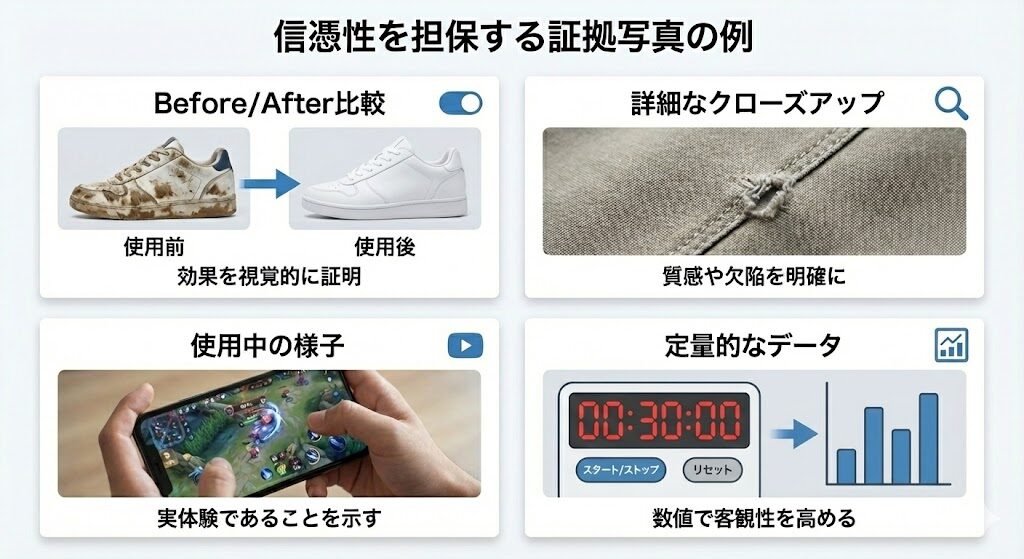 信憑性を担保する証拠写真の例
Before / After画像
仕様中の様子
詳細なクローズアップ
定量的なデータ