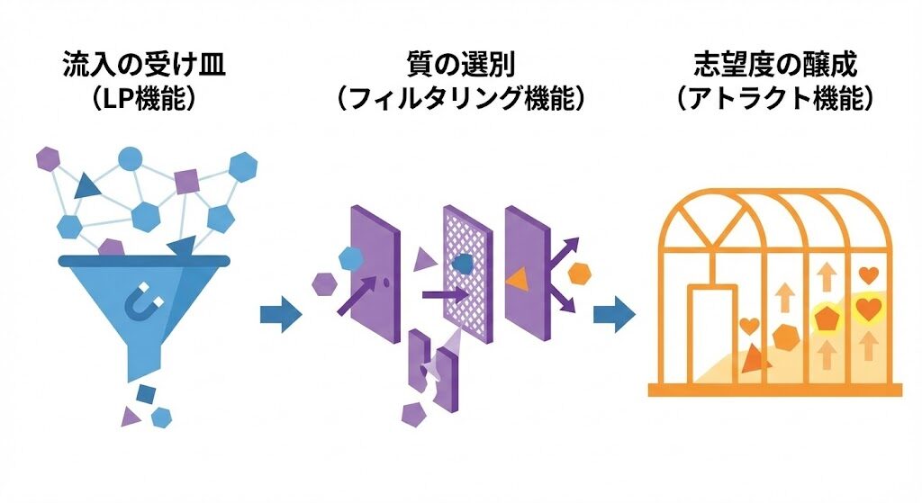 採用サイトの役割　流入の受け皿、質の選別、志望度の醸成