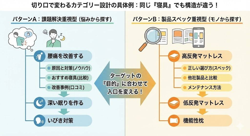 ターゲットで変わる「カテゴリー設計」の具体例

（パターンA：課題解決型）：

見出し：お悩み・ベネフィット軸

ターゲット：未認知層（「腰が痛い」と悩む人）

カテゴリー例：腰痛対策 / 快眠のコツ / 睡眠不足の解消法

（パターンB：製品比較型）：

見出し：製品・スペック軸

ターゲット：比較検討層（「良い寝具が欲しい」人）

カテゴリー例：高反発マットレス / 羽毛布団 / 機能性枕