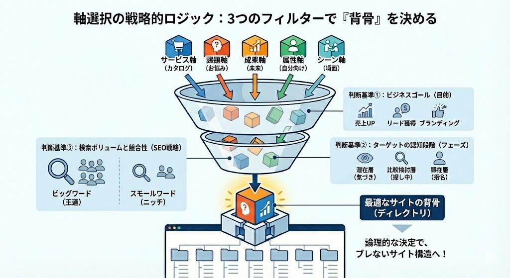 SEOサイト構造設計のプロセスを示すイラスト。上部に「サービス軸」「課題軸」「成果軸」「属性軸」「シーン軸」の5つのブロックがあり、それらが3層のフィルター（漏斗）を通過していく。「ビジネスゴール」「ターゲットの認知段階」「検索ボリュームと競合性」という3つの基準で絞り込まれた結果、1つの最適な「背骨（ディレクトリ）」が選ばれ、強固なサイト構造が完成する様子が描かれている。