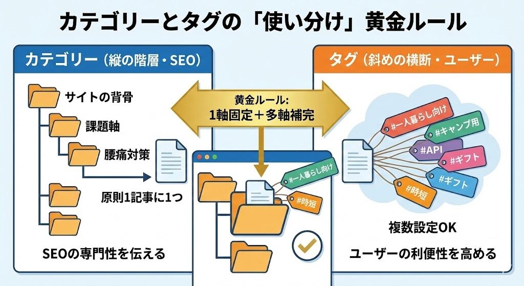 カテゴリーとタグの「使い分け」黄金ルールを可視化した図解。垂直な軸として描かれた「カテゴリー」は情報の住所（階層構造）を意味し、サイトの専門性をGoogleに伝える役割を果たす。一方で、水平に横断する「タグ」は情報のラベルとして機能し、ユーザーが属性やシーンで記事を絞り込むためのUXを向上させる役割を担う。垂直な背骨（カテゴリー）と、それを横串でつなぐタグの関係性が示されている。