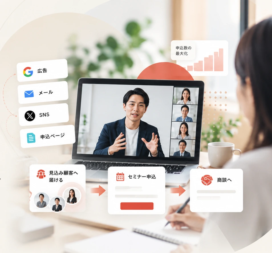 オンラインセミナーで登壇するビジネスパーソンと参加者のイメージ